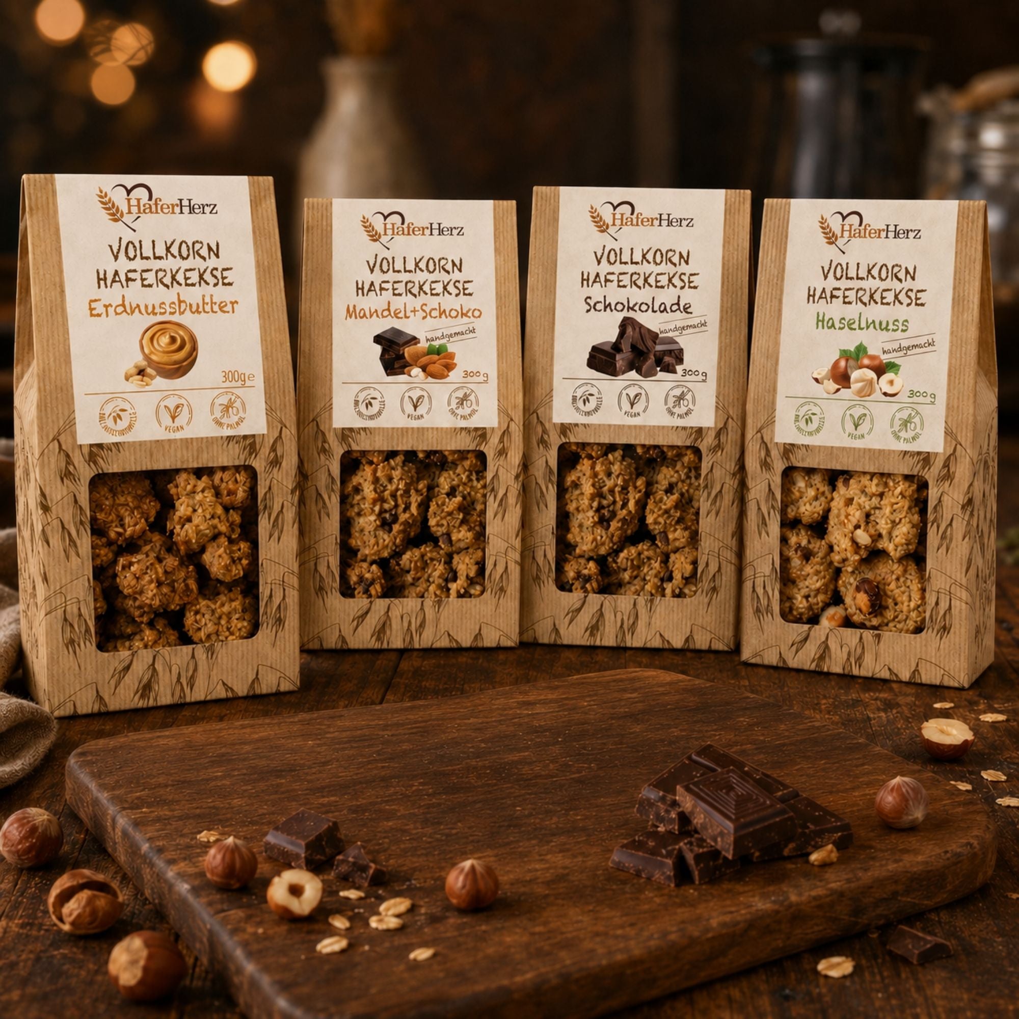 Haferkekse mit Schokolade und Nüssen auf dunklem Holz