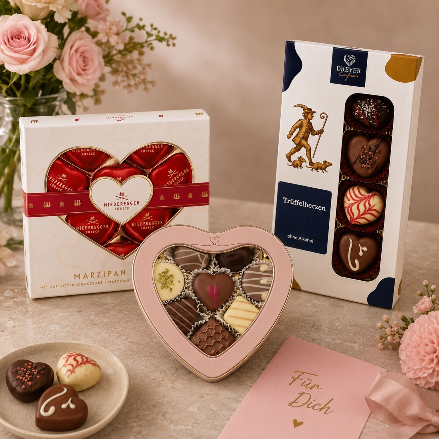 Dreyer Confiserie aus Hameln, Trüffelherzen und Marzipan-Herzen zum Muttertag