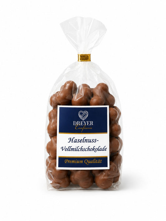 Haselnuss an Haselnuss Vollmilch-Schokolade 150g von Dreyer Confiserie in Klarsichtverpackung