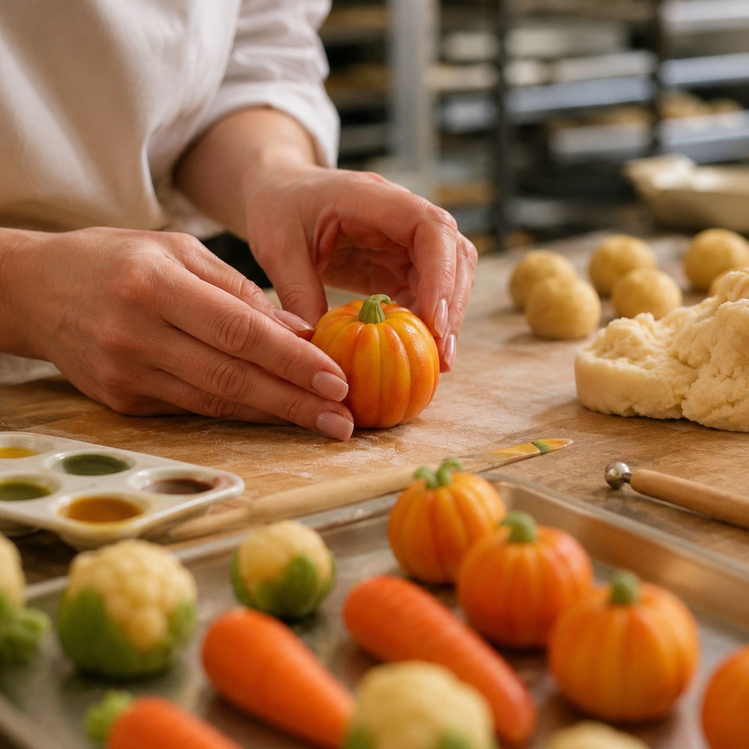 Handarbeit bei der Herstellung von Marzipan-Gartenfrüchten