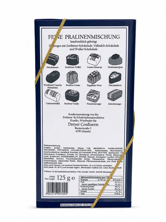 Rückseite Feine Pralinen mit Alkohol 125g von der Dreyer Confiserie 