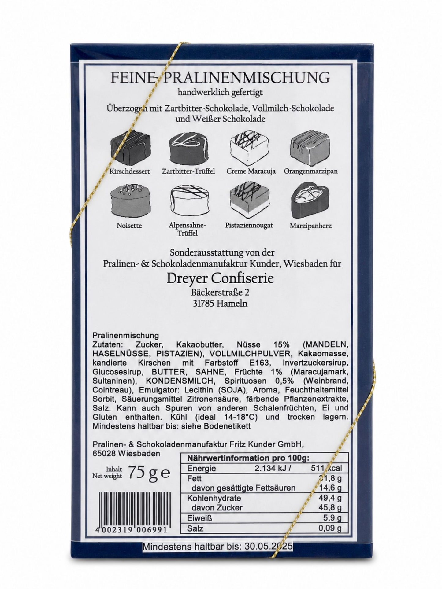 Rückseite Feine Pralinen mit Alkohol 75g Dreyer Confiserie