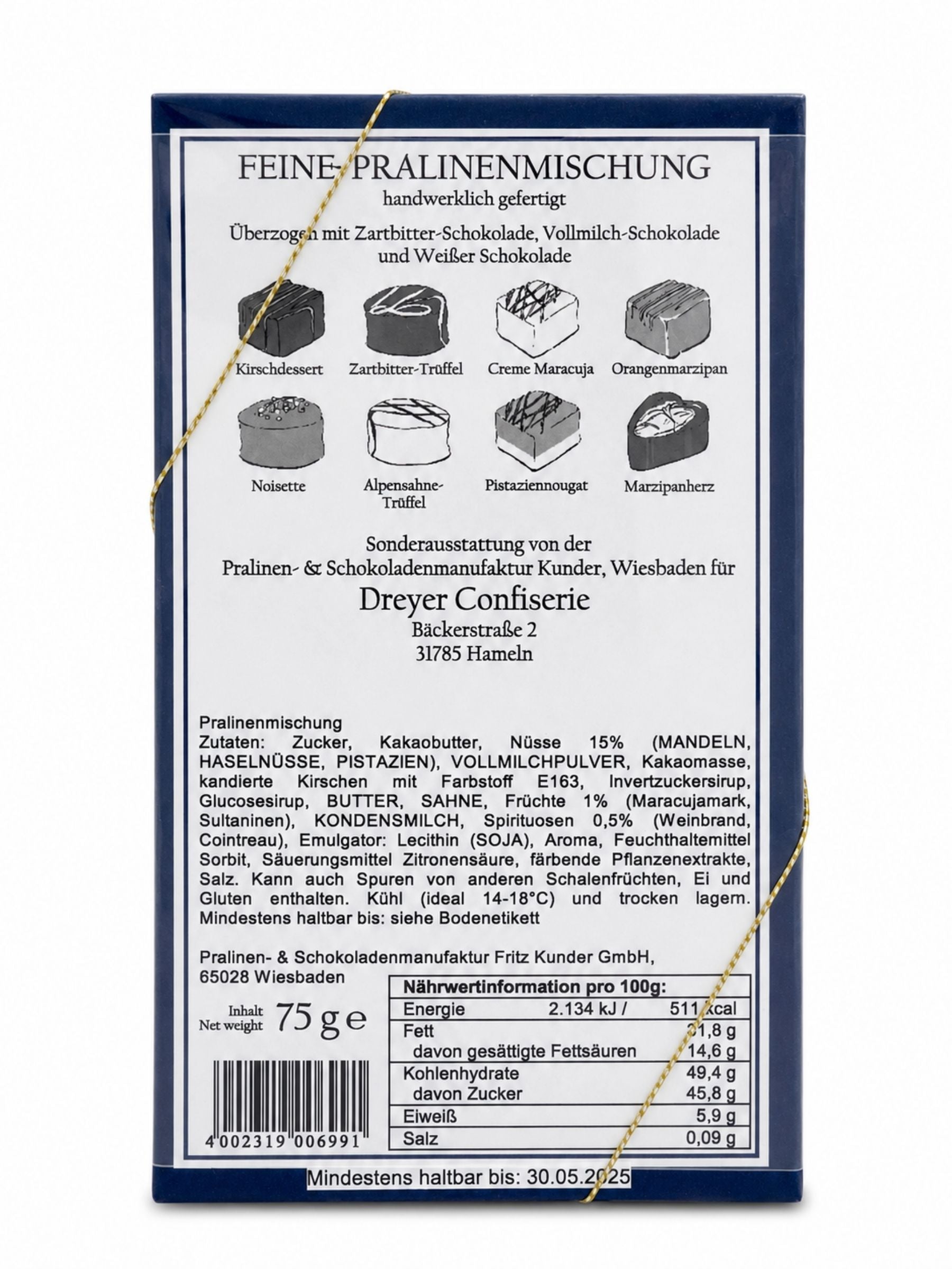 Rückseite Feine Pralinen mit Alkohol 75g Dreyer Confiserie