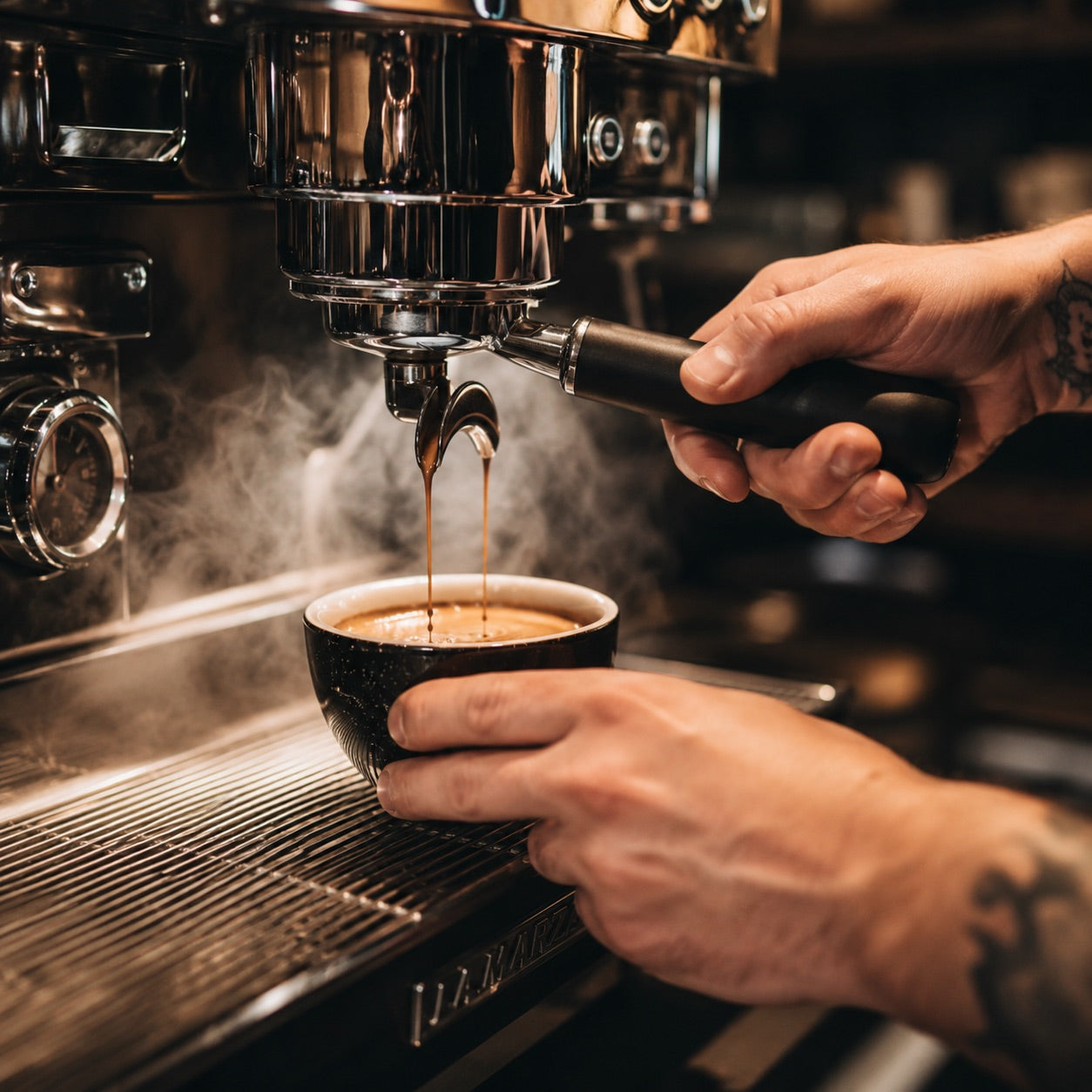 Barista macht Cappuccino mit Siebträger Maschine