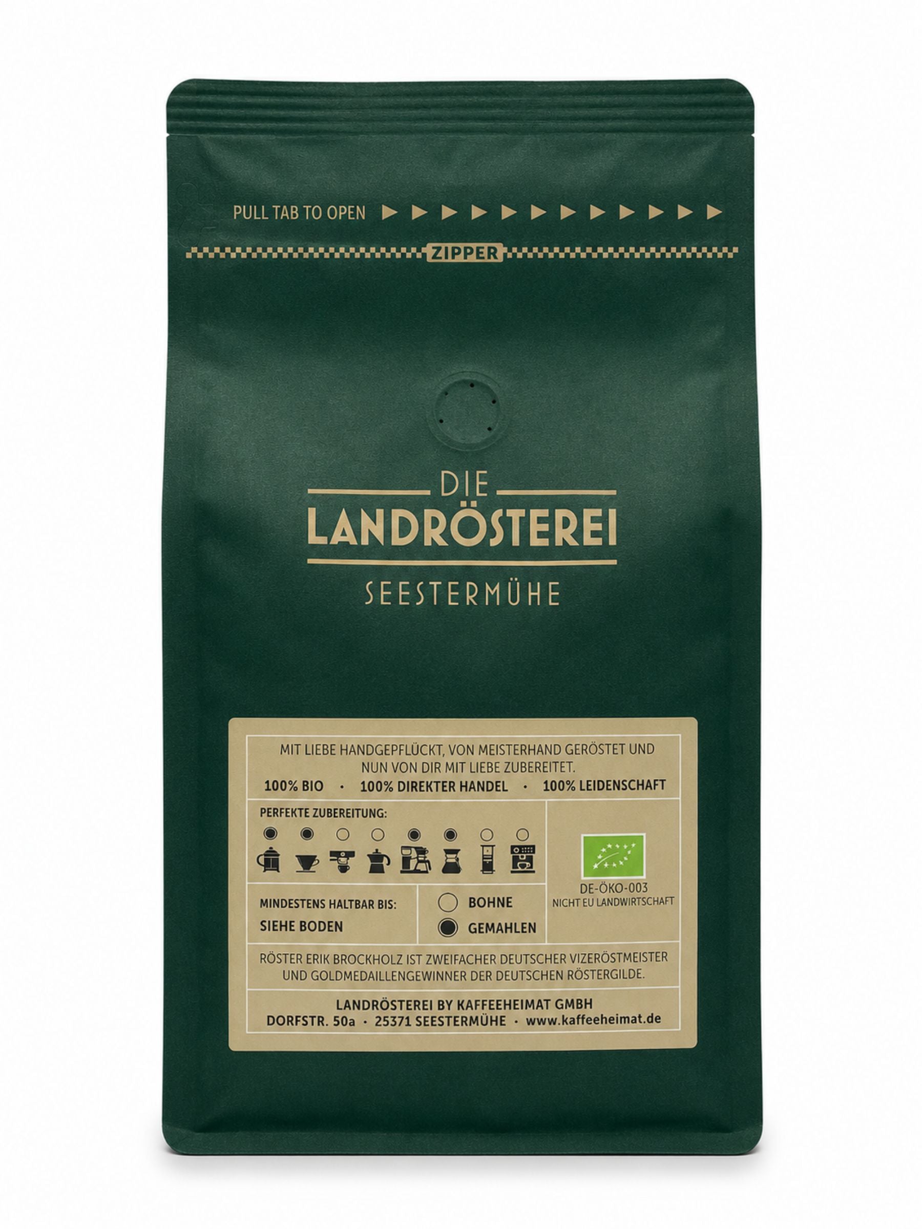 Rückseite Kaffeeklatsch Kaffee gemahlen 500g Die Landrösterei Seestermühe Arabica Filterkaffee