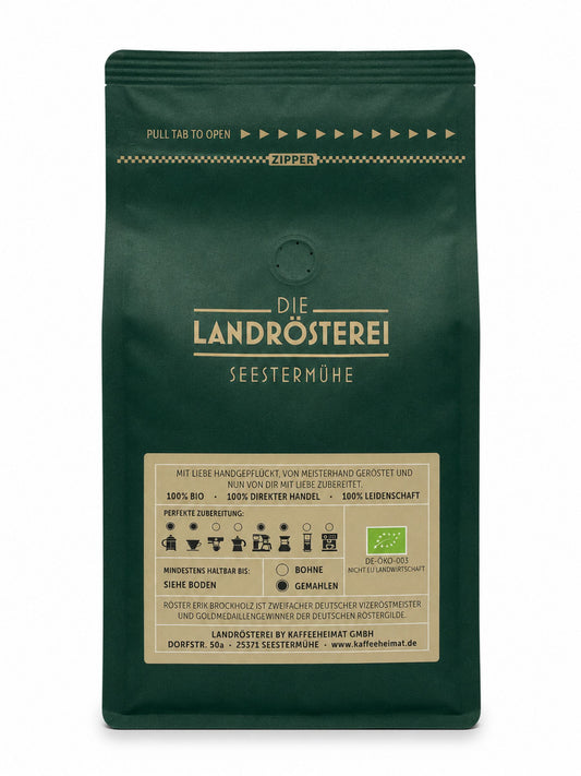 Rückseite Kaffeeklatsch Kaffee gemahlen 500g Die Landrösterei Seestermühe Arabica Filterkaffee