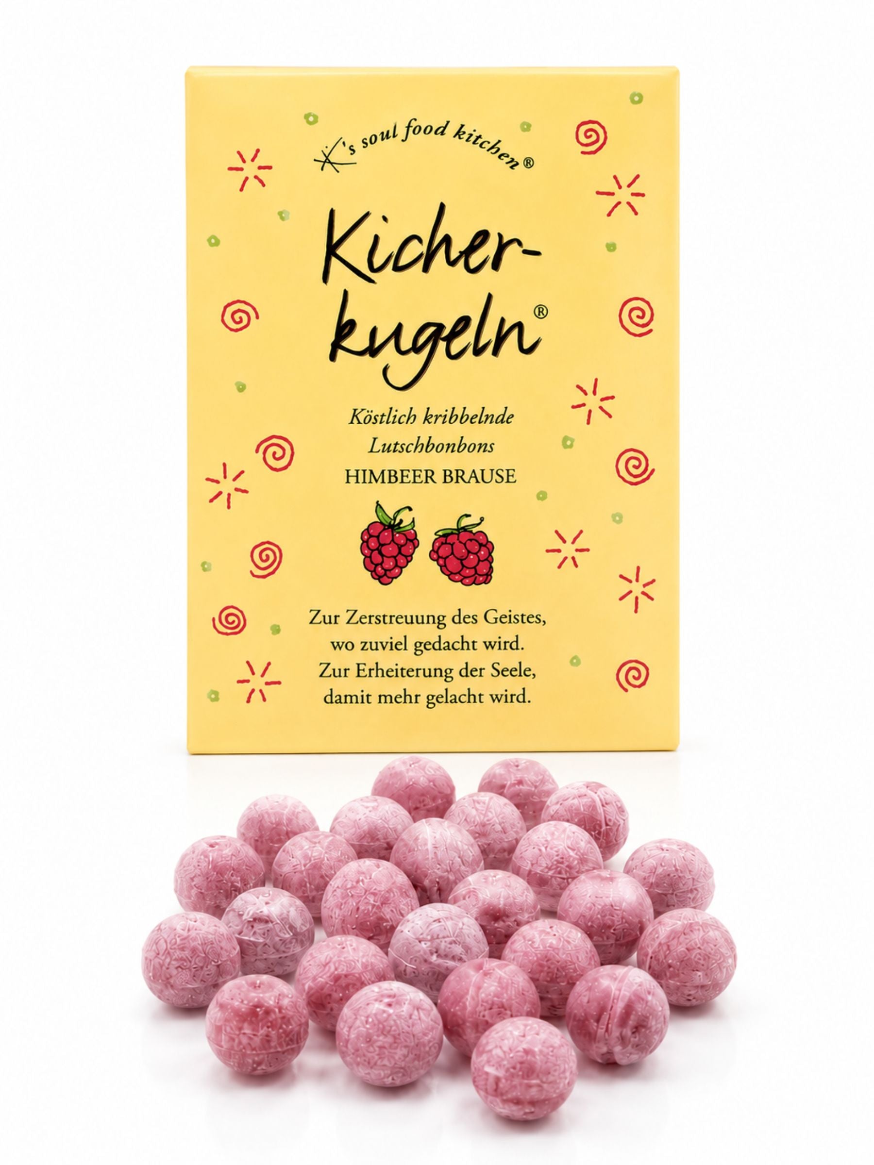 Kicherkugeln Bonbons Himbeer Brause 75g von K's Soul Food Kitchen vor weißem Studiohintergrund"