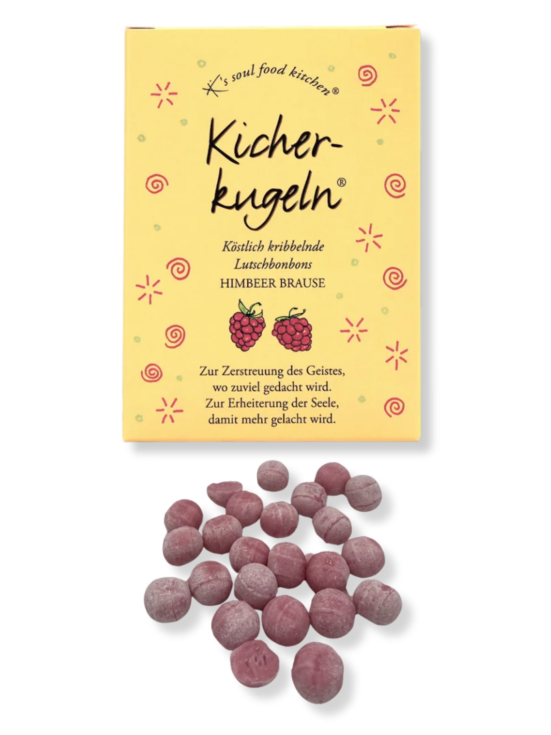 Kicherkugeln Bonbons von K’s Soul Food Kitchen – prickelnde Himbeer-Brause-Lutschbonbons mit natürlichen Aromen, 75 g Packung für gute Laune und Genussmomente.