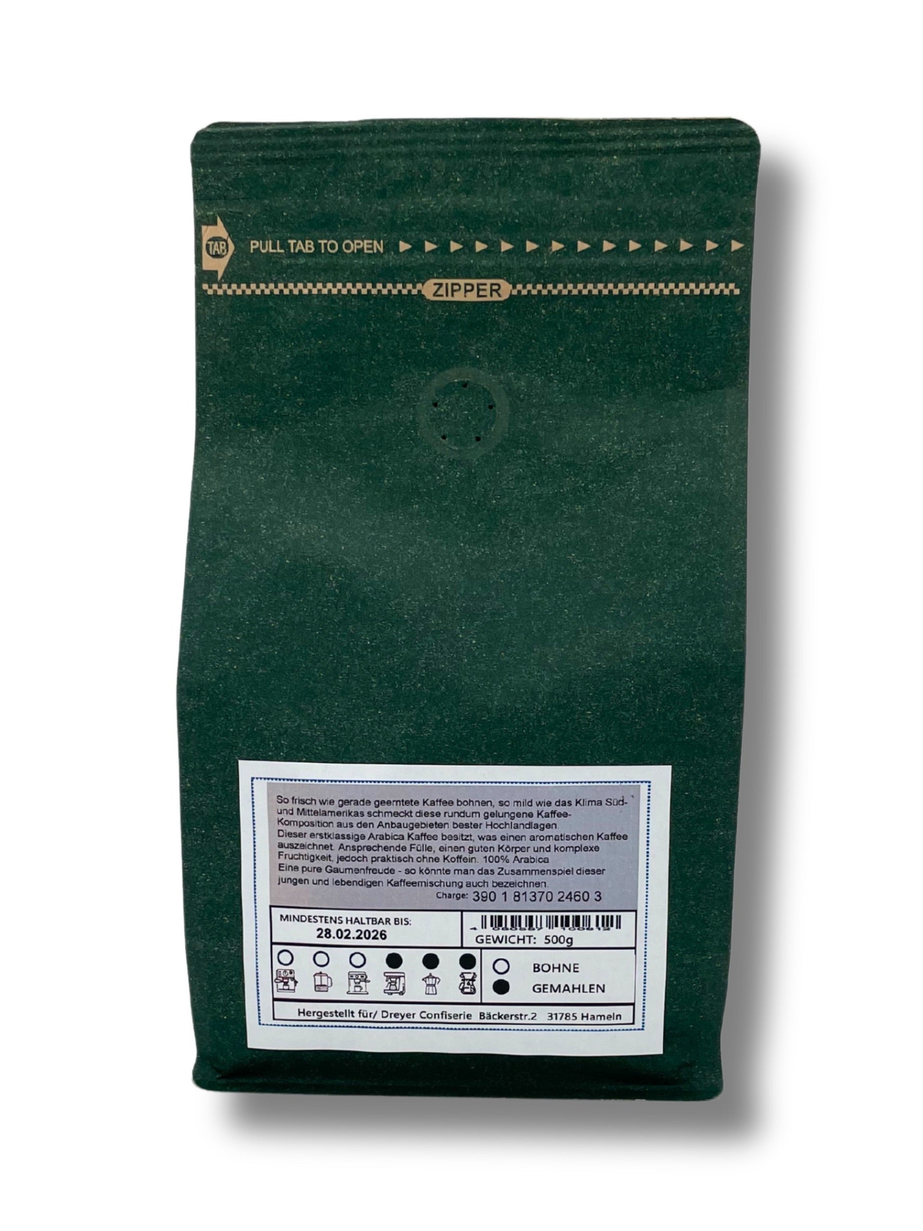 
Schonkaffee entkoffeiniert gemahlen 500g von der Dreyer Confiserie Rückseite