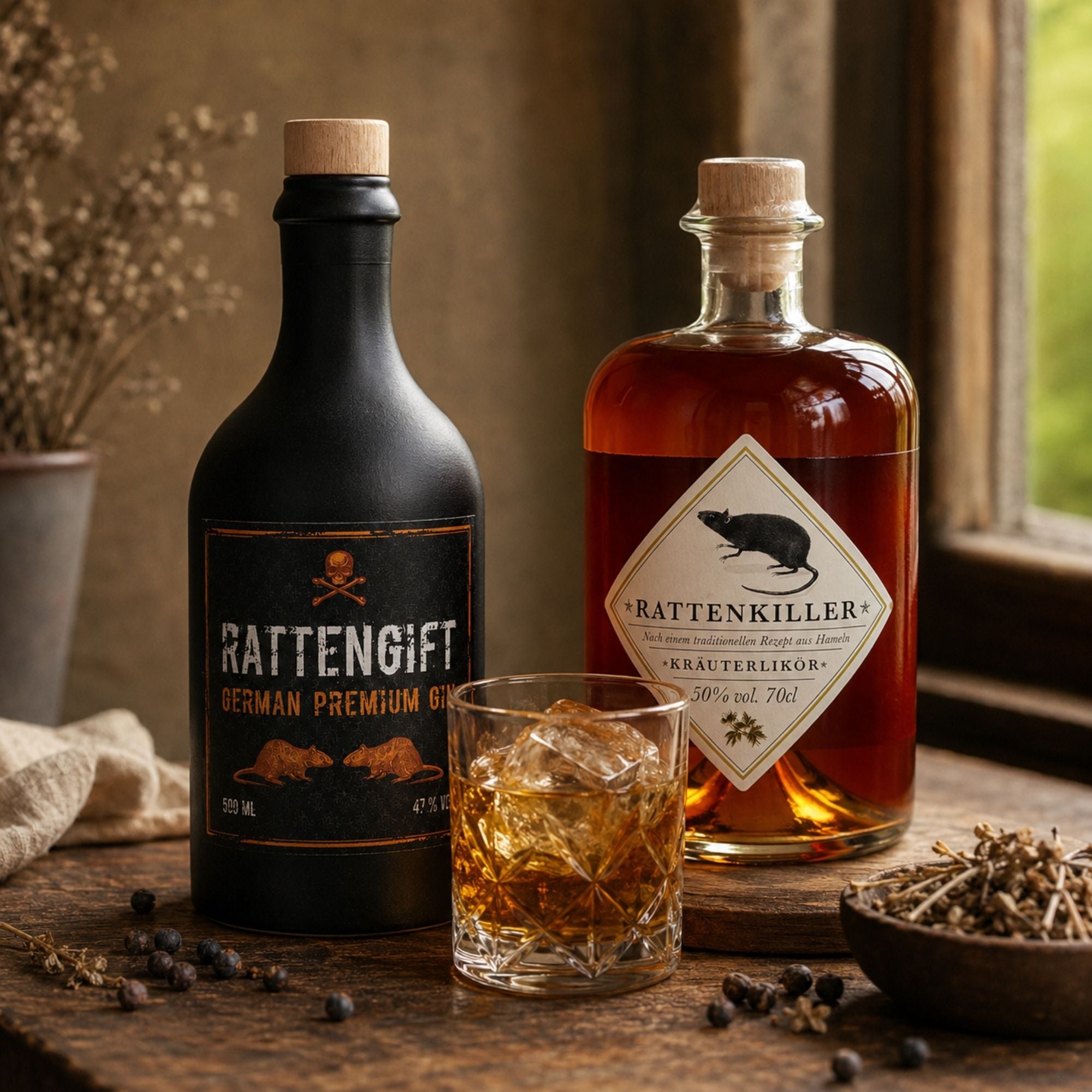 Kräuterlikör und Gin aus Hameln mit gefülltem Glas auf dunklem Holztisch