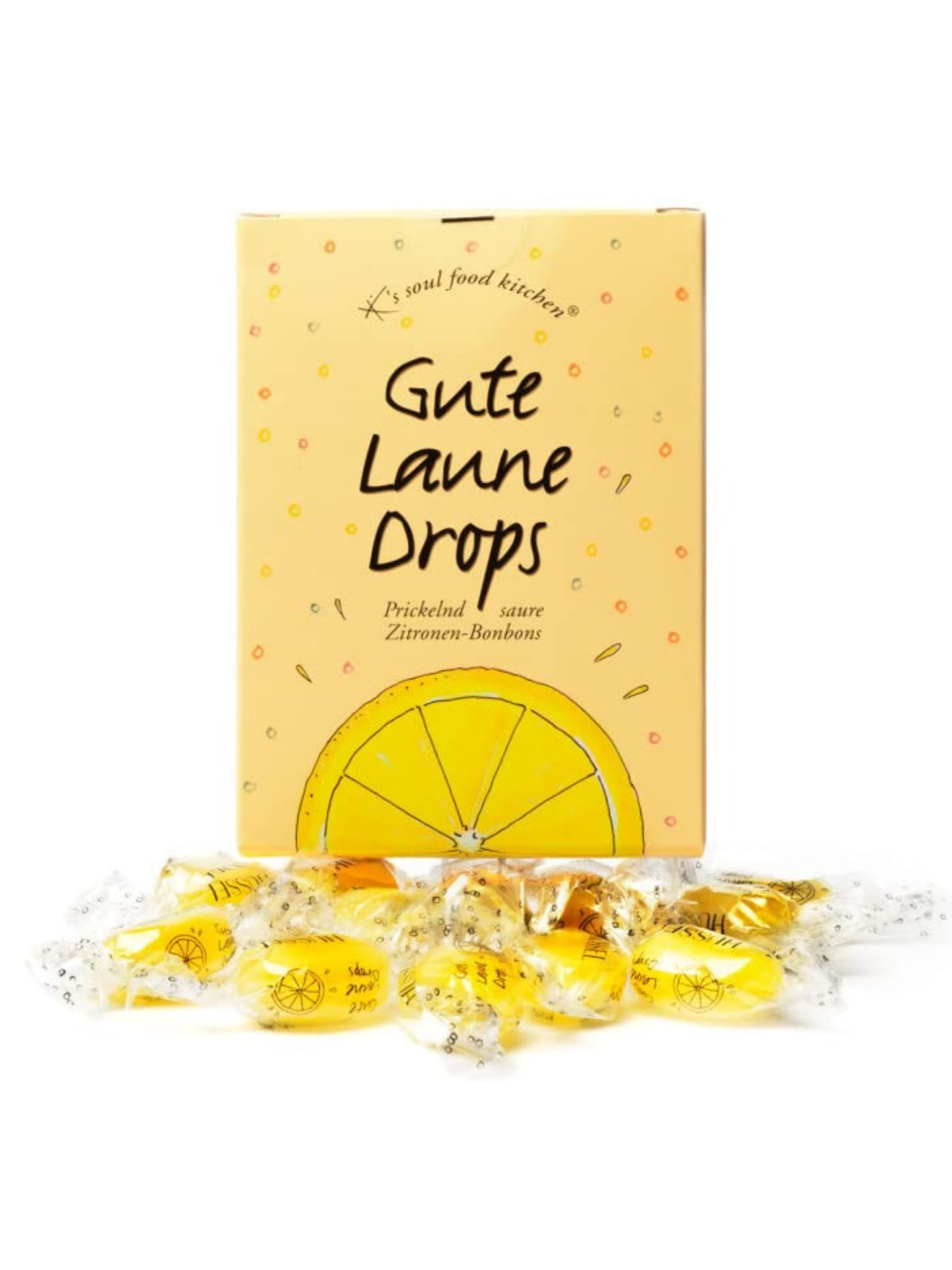 Gute Laune Drops – Zitronen Bonbons mit Brausepulver-Füllung von K's Soul Food Kitchen, 100 g prickelnd saurer Bonbon-Genuss, erhältlich bei der Confiserie Dreyer in der Rattenfängerstadt Hameln.

