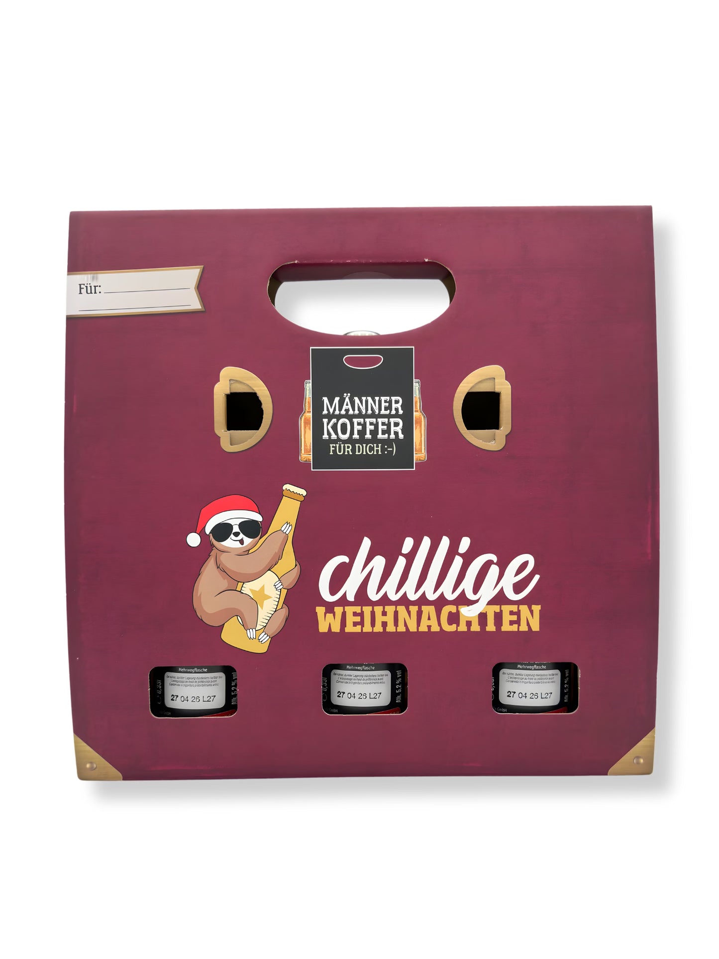 La Vida Männerkoffer „Chillige Weihnachten“ – originelles Biergeschenk mit 3×0,33l Lagerbier im witzigen Faultier-Weihnachtsdesign, erhältlich in der Dreyer Confiserie in der Rattenfängerstadt Hameln.