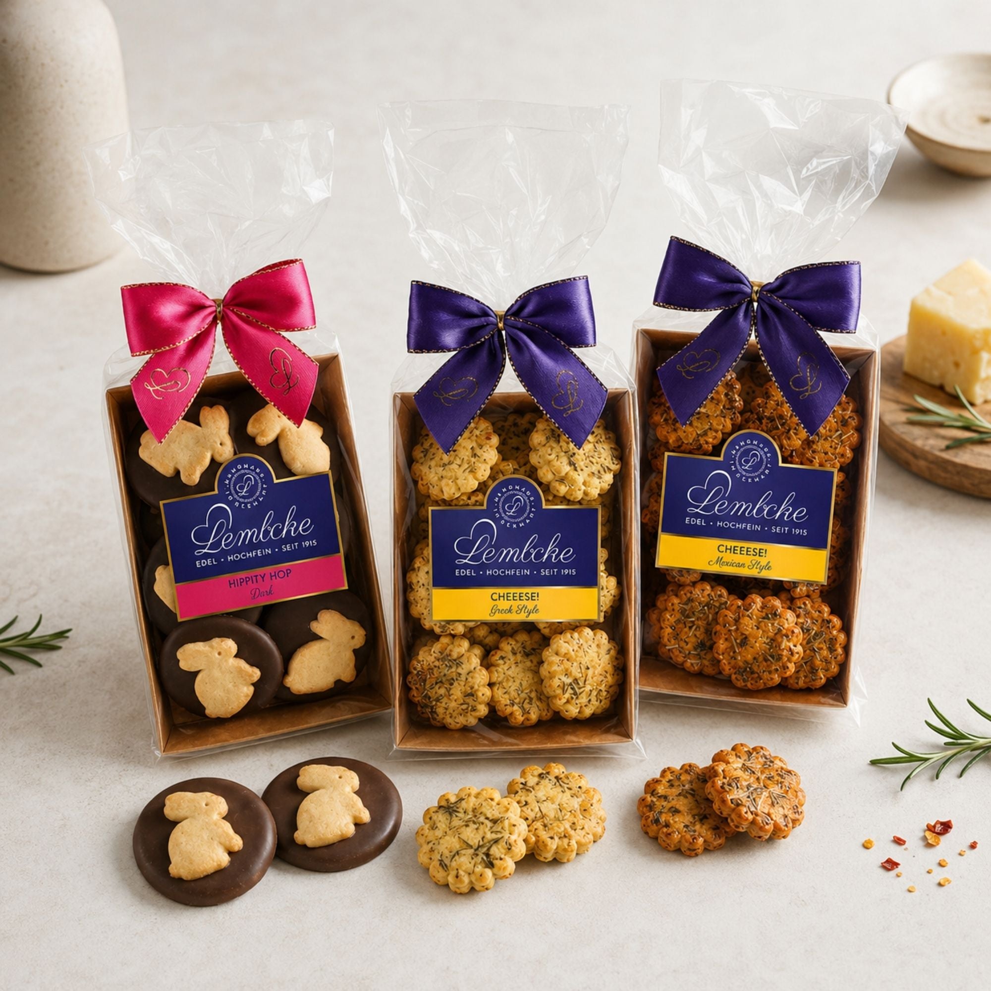 Lembcke Cheeese! Käsecracker und Hippity Hop Oster-Spezialität auf moderner Tischplatte