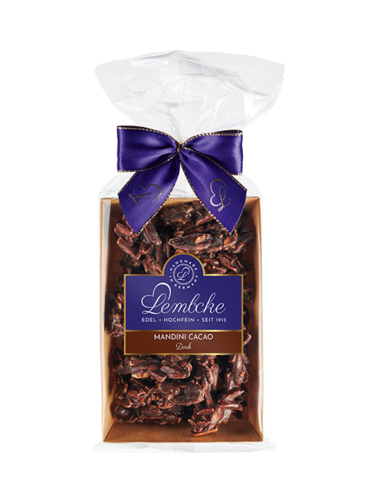 Mandini Cacao Dark – Mandel-Splitter in Zartbitterschokolade mit 60 % Kakao, erhältlich in der Dreyer Confiserie in der Rattenfängerstadt Hameln.