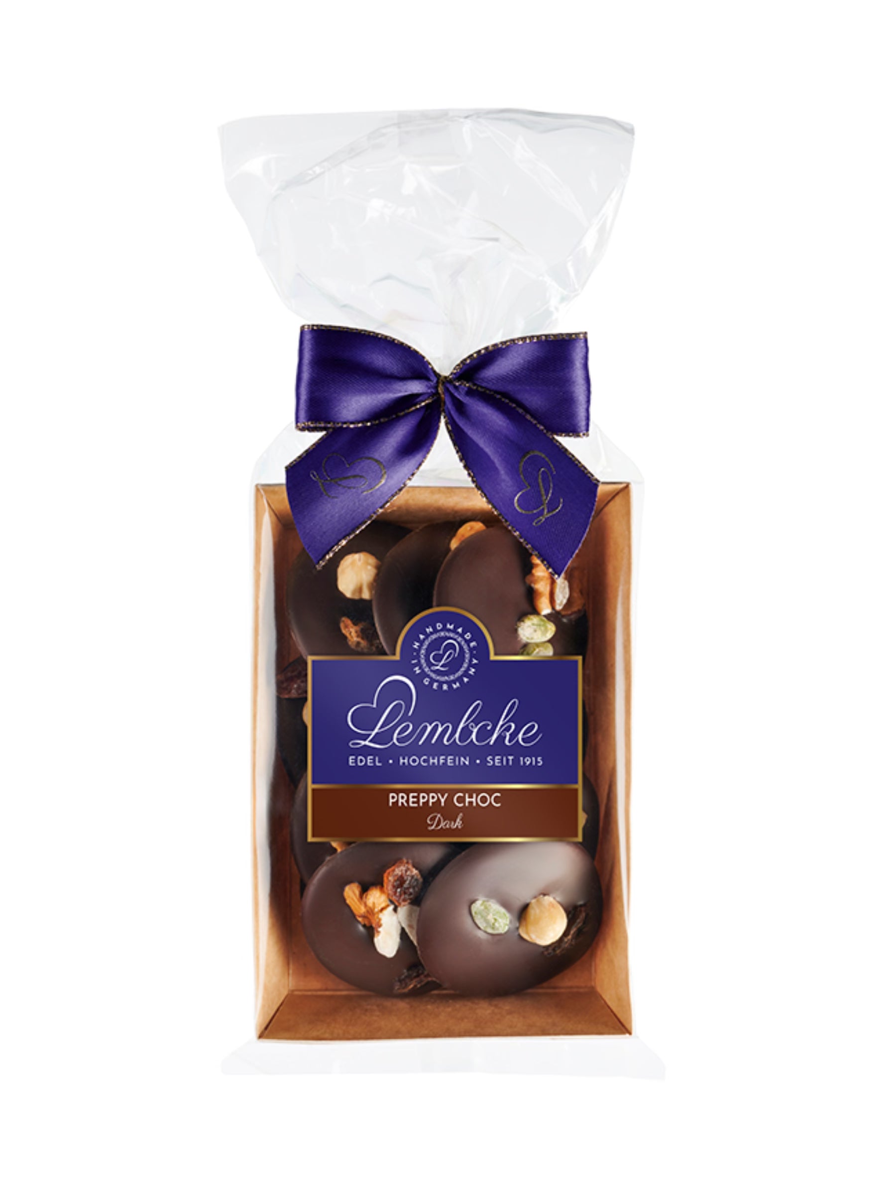 Lembcke Preppy Choc Dark bzw. Studentenflikken Zartbitter – Pralinen mit Zartbitterschokolade, Nüssen & Früchten.