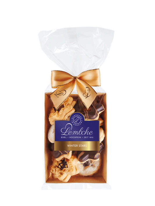 Lembcke Winter Stars 100g – feines Butter-Mürbegebäck mit Punschfüllung, Aprikosenkonfitüre und Zartbitterschokolade“