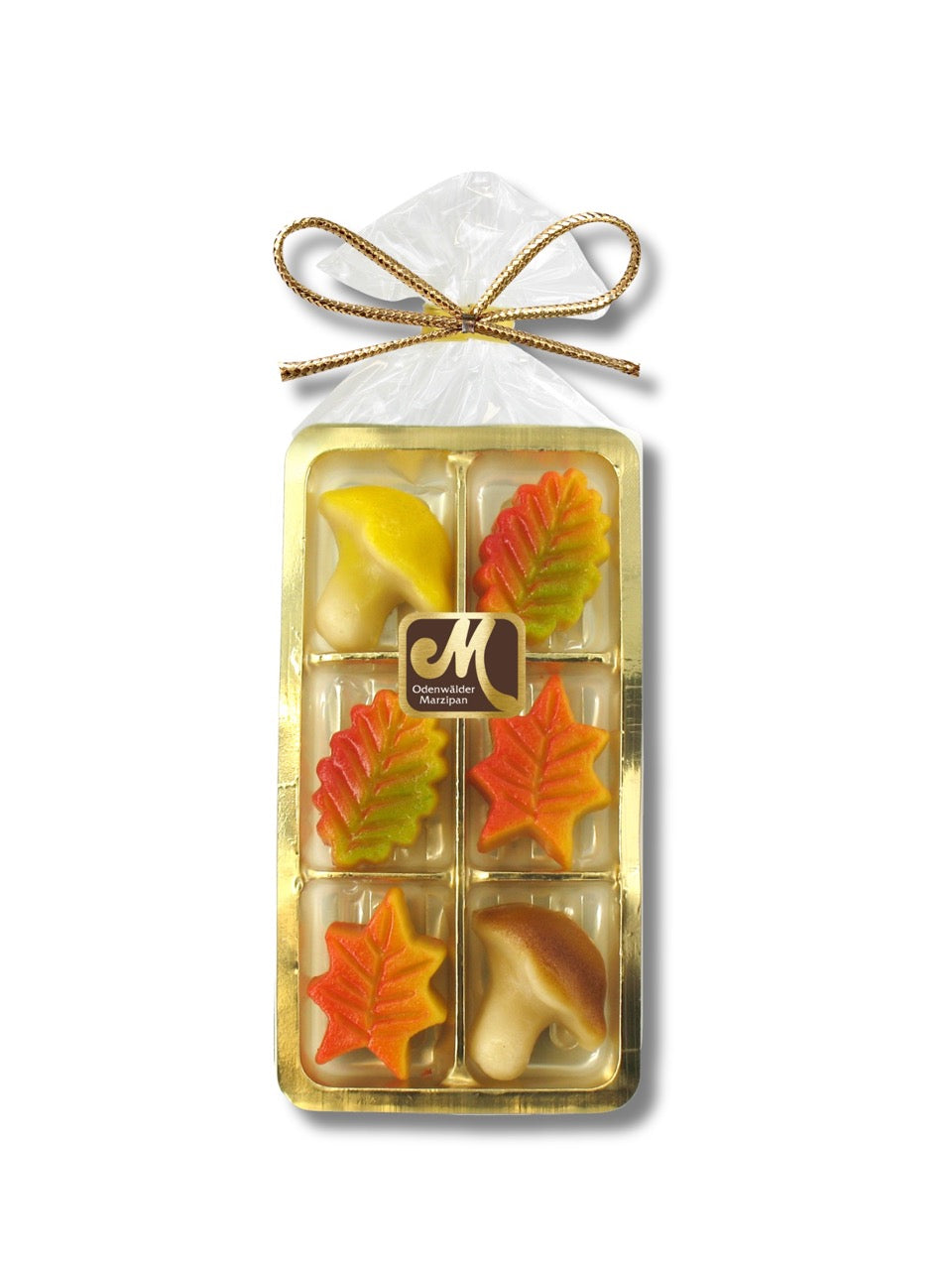 Herbstliche Marzipanfiguren von der Odenwälder Marzipankonditorei – bunte Blätter und Pilze aus Edelmarzipan, handmodelliert, 100 g. Erhältlich in der Dreyer Confiserie in Hameln.