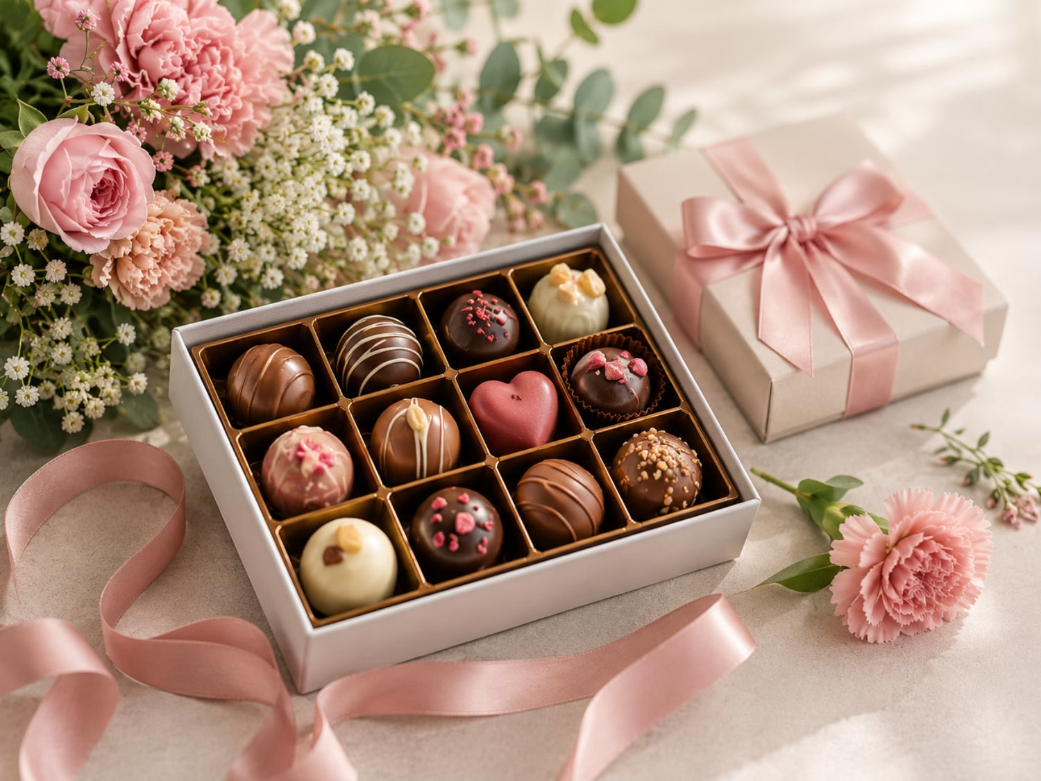 Pralinen Geschenkbox mit Blumen als Muttertag Geschenk