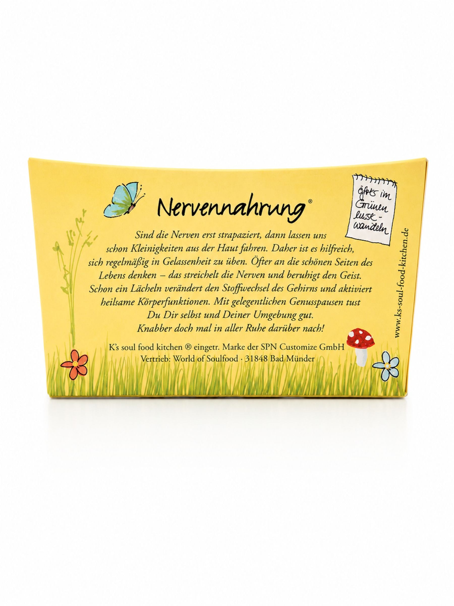 Rückseite von Nervennahrung Getreide-Schokoladen-Häppchen 125g von K's Soul Food Kitchen vor weißem Studiohintergrund
