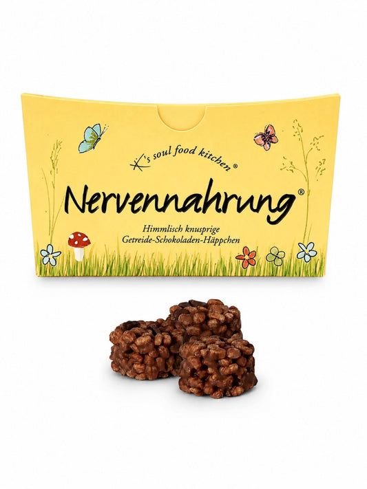 Nervennahrung Getreide-Schokoladen-Häppchen 125g von K's Soul Food Kitchen vor weißem Studiohintergrund