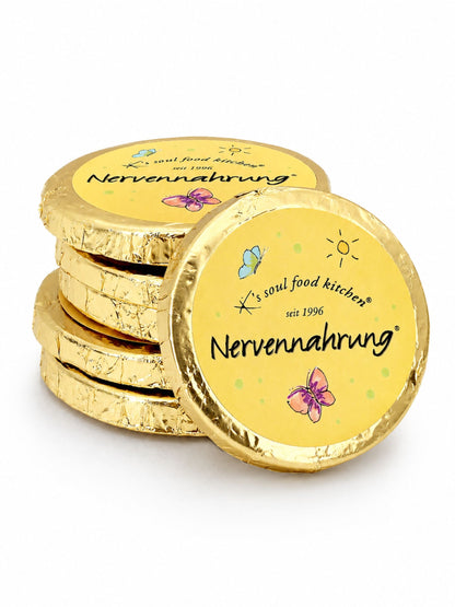 Nervennahrung Schokotaler 16g von K's Soul Food Kitchen vor weißem Studiohintergrund