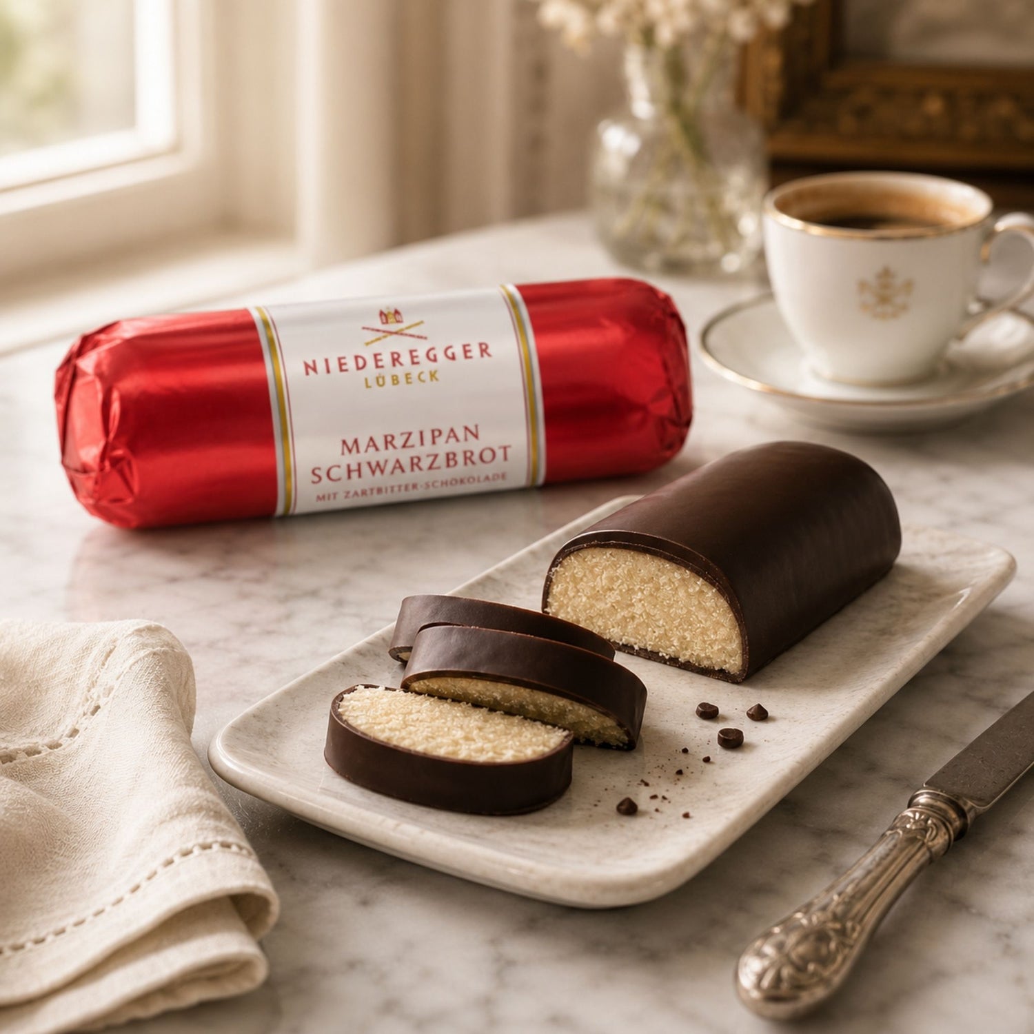 Niederegger Marzipan-Schwarzbrot mit Espresso – klassischer Genussmoment