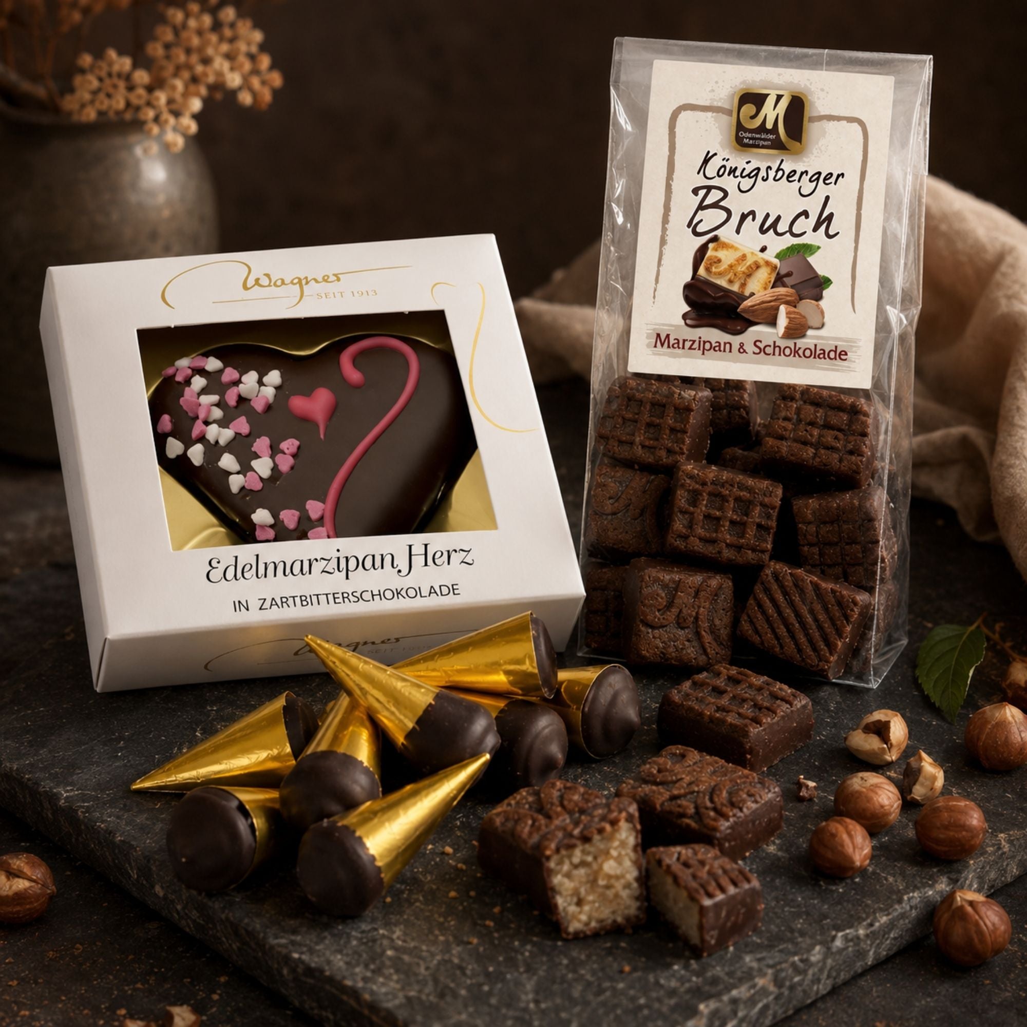 Haselnussnougat und schokoliertes Marzipan auf dunklem Holz