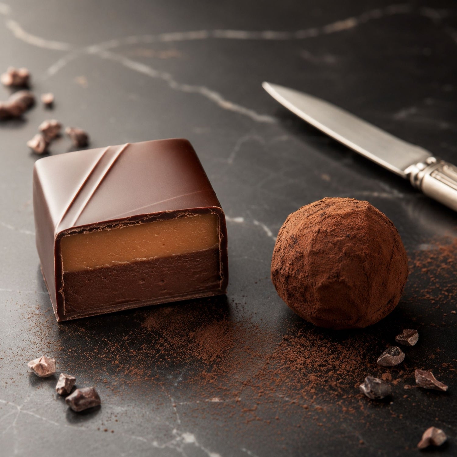 Praline und Trüffel im Vergleich auf dunklem Marmor eine aufgeschnitten mit sichtbarer Füllung