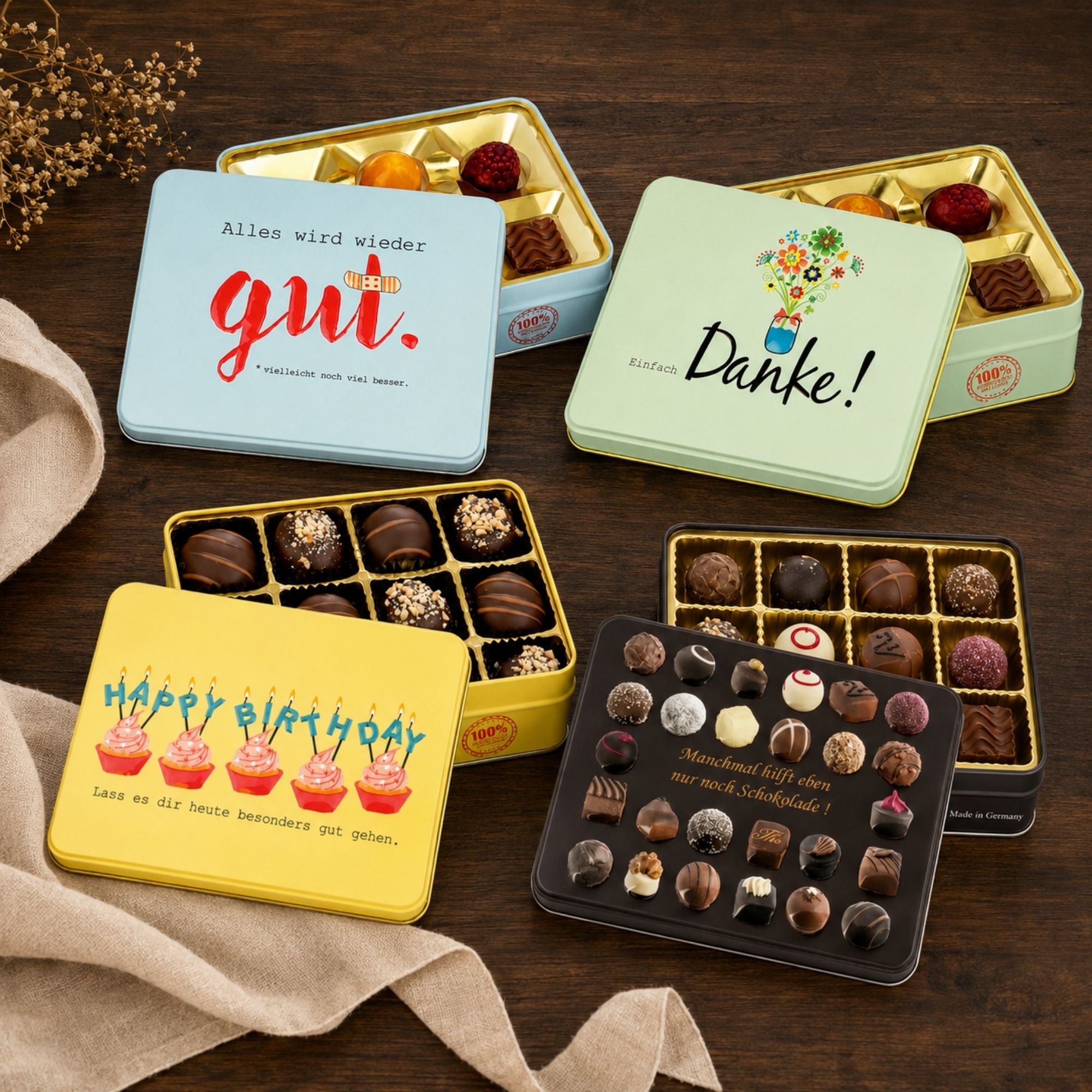 Confiserie Rabbel Pralinen-Präsentdosen als alkoholfreies Geschenk