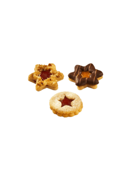 Winter Stars Gebäck von Lembcke 100g – Sterne aus Butter-Mürbeteig mit Fruchtfüllung und Schokolade im Beutel