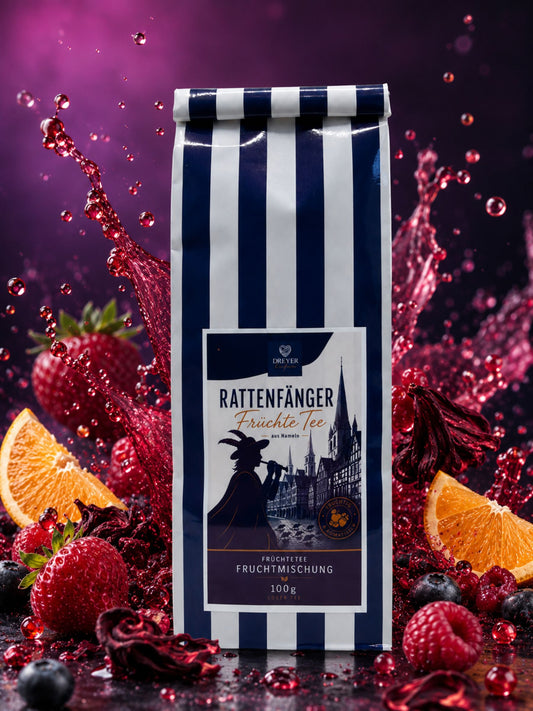 Rattenfänger Früchtetee Fruchtmischung 100g von Dreyer Confiserie mit Früchten, Hibiskus und Früchtetee-Splash
