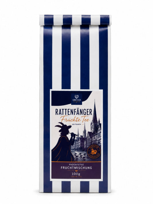Rattenfänger Früchtetee Fruchtmischung 100g von Dreyer Confiserie in blau-weißer Verpackung