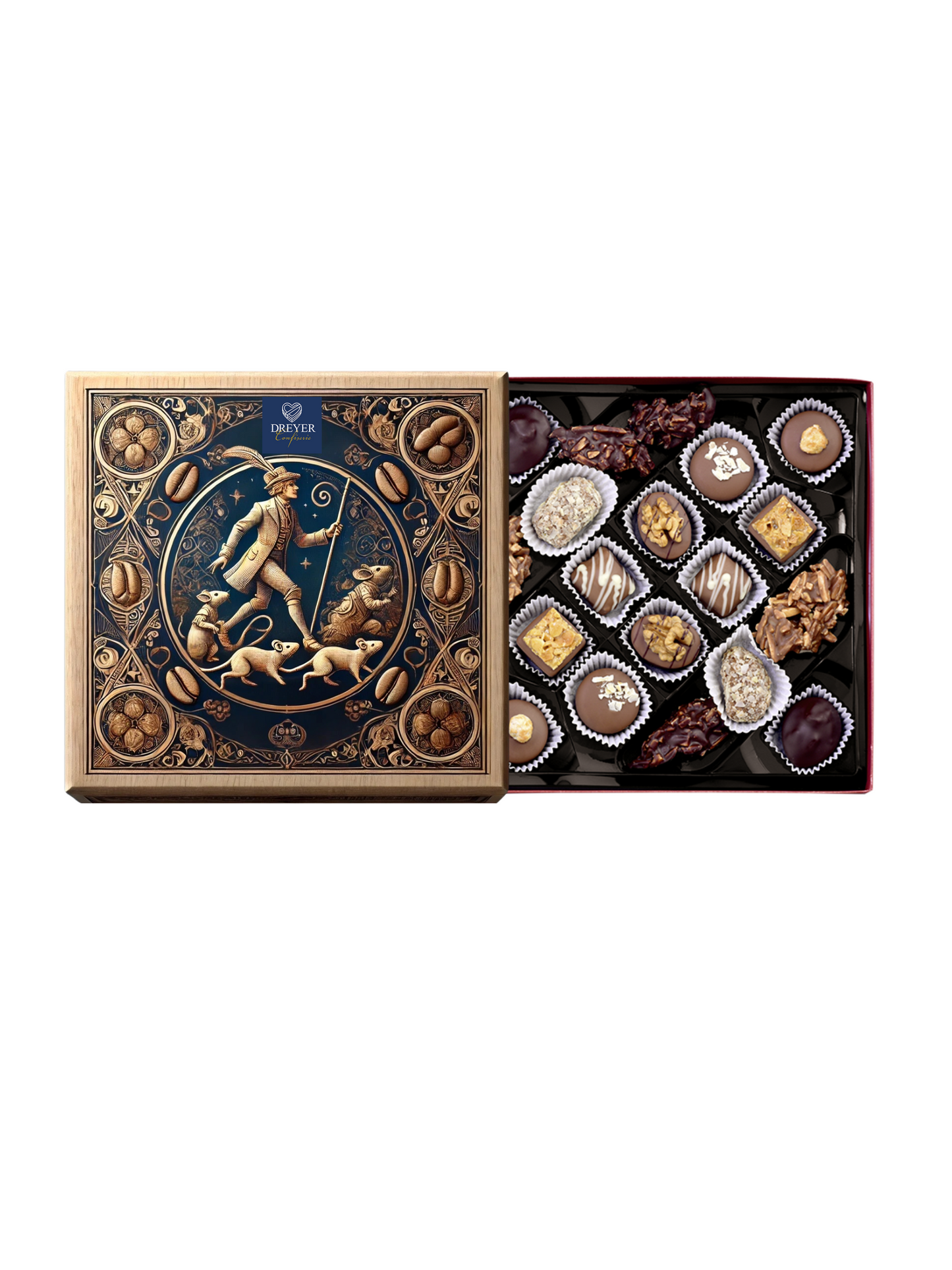 Rattenfänger Pralinenbox mit Nuss- und Krokantspezialitäten, exklusiv bei der Confiserie Dreyer in Hameln – alkoholfreie Auslese mit Rattenfänger-Motiv.