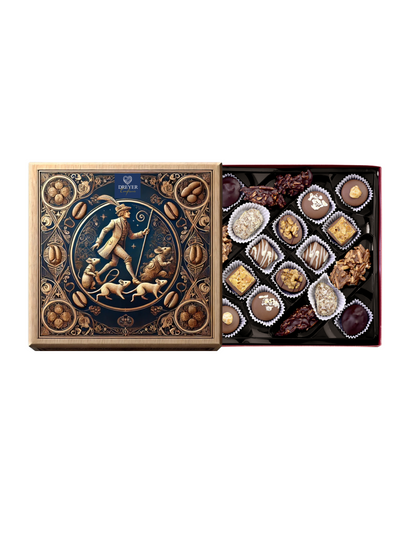 Rattenfänger Pralinenbox mit Nuss- und Krokantspezialitäten, exklusiv bei der Confiserie Dreyer in Hameln – alkoholfreie Auslese mit Rattenfänger-Motiv.
