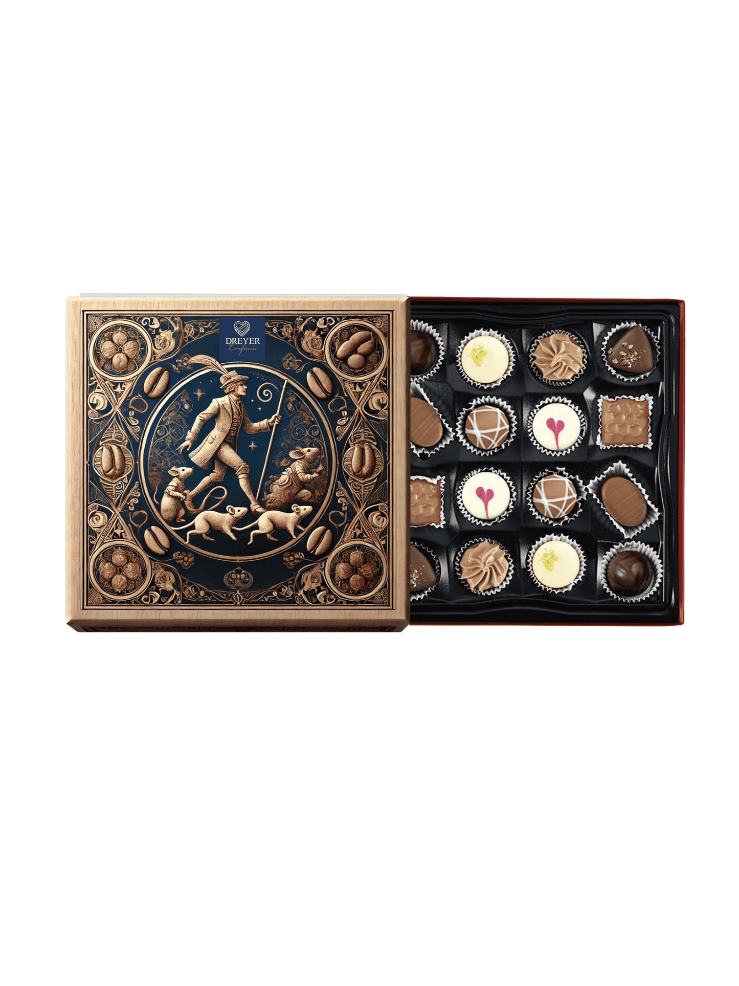 Exklusive Rattenfänger Trüffel- und Pralinenauslese in Geschenkverpackung – alkoholfrei und erhältlich bei der Confiserie Dreyer in Hameln.