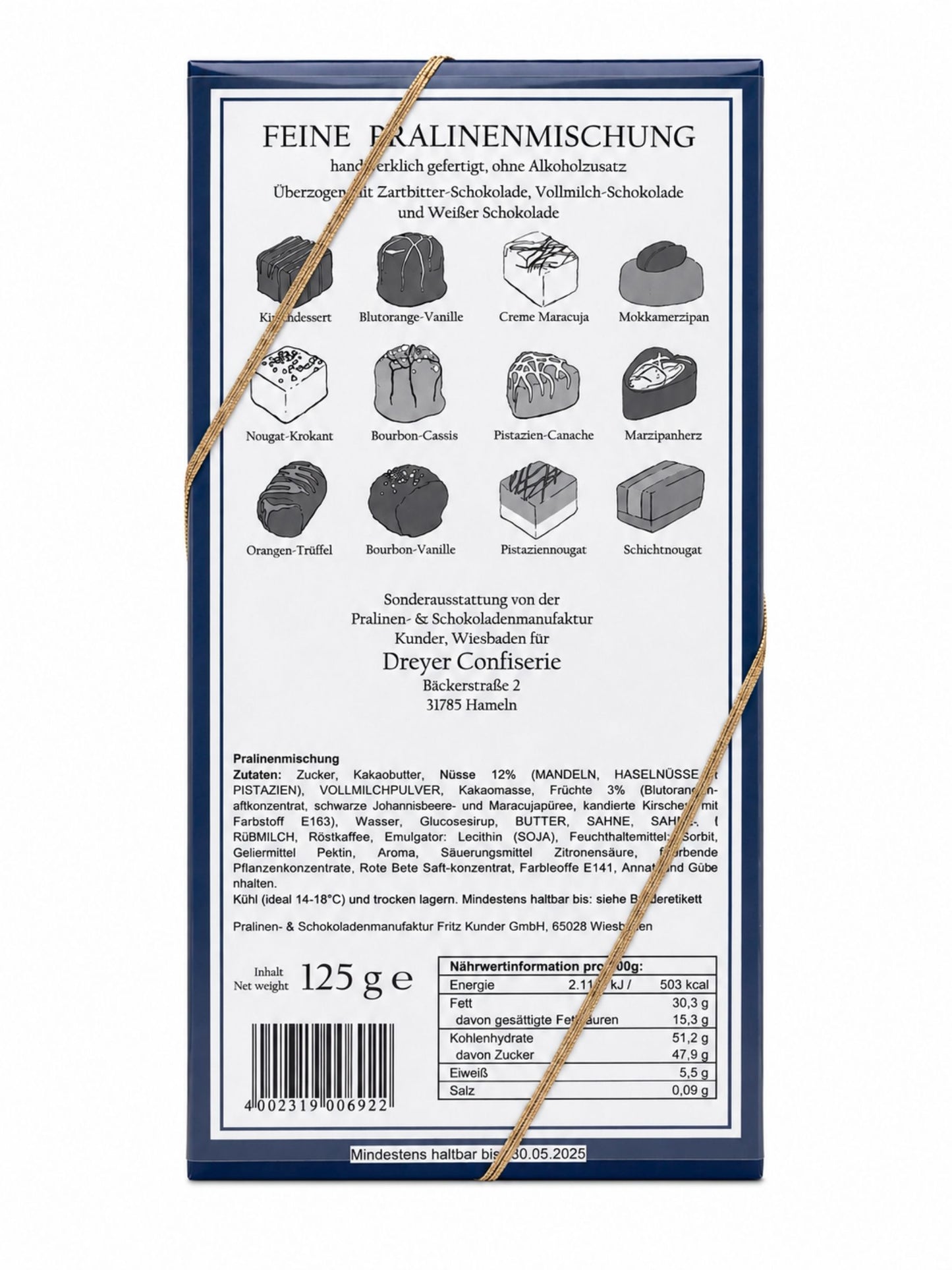 Rückseite Feine Pralinen alkoholfrei 125g von der Dreyer Confiserie