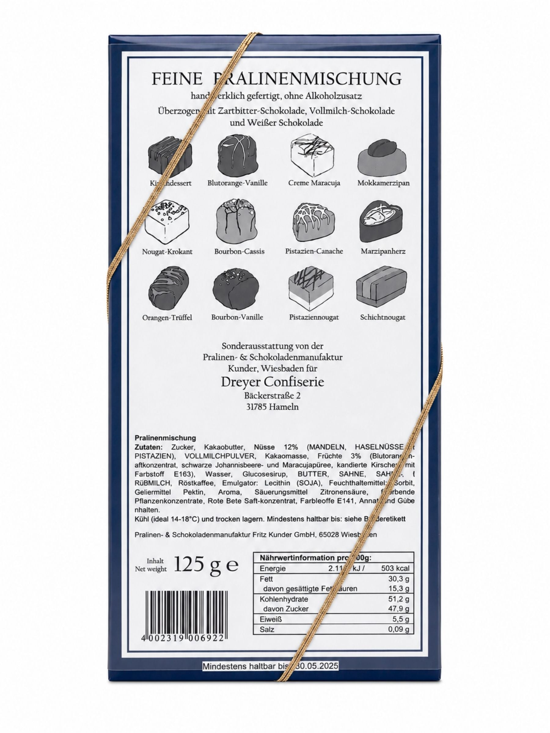 Rückseite Feine Pralinen alkoholfrei 125g von der Dreyer Confiserie