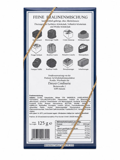 Rückseite Feine Pralinen alkoholfrei 125g von der Dreyer Confiserie