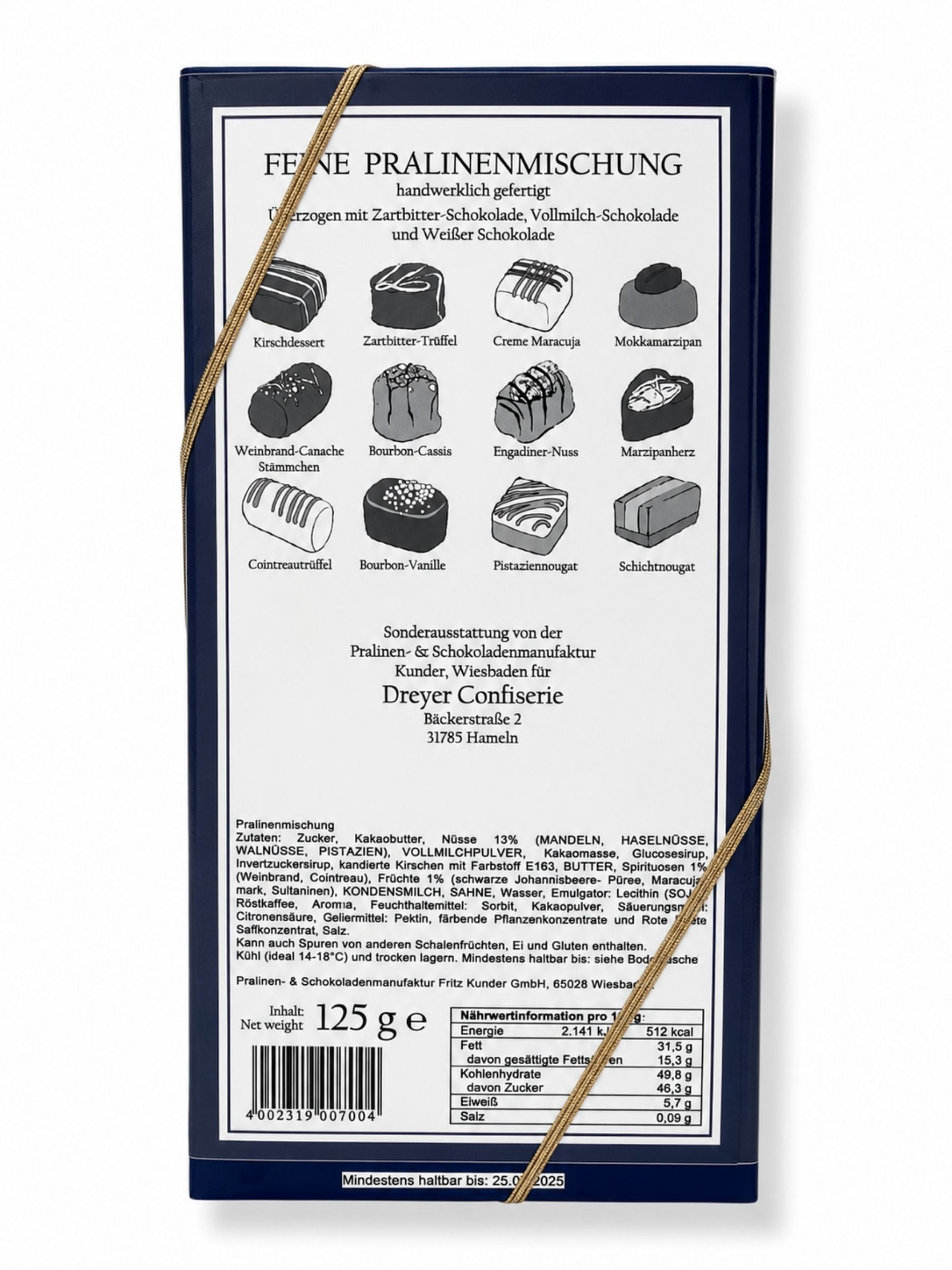 Rückseite Feine Pralinen alkoholfrei 250g von der Dreyer Confiserie