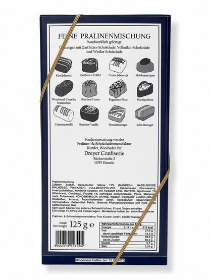 Rückseite Feine Pralinen alkoholfrei 250g von der Dreyer Confiserie