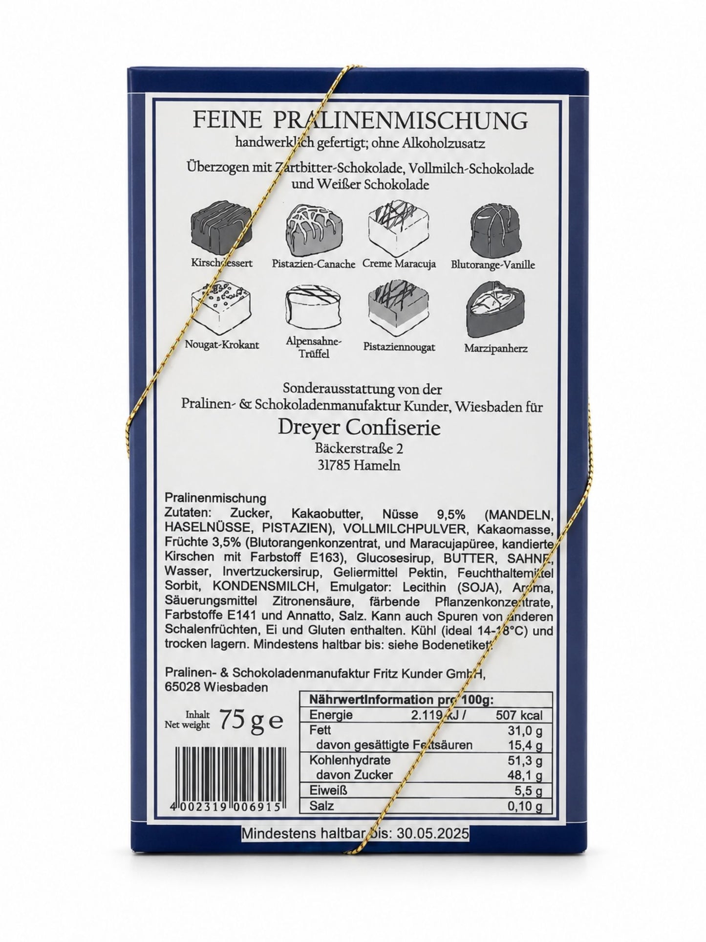 Rückseite Feine Pralinen alkoholfrei 75g von der Dreyer Confiserie
