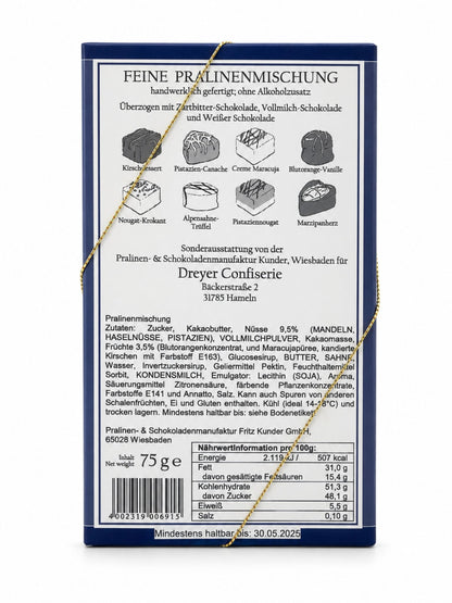 Rückseite Feine Pralinen alkoholfrei 75g von der Dreyer Confiserie