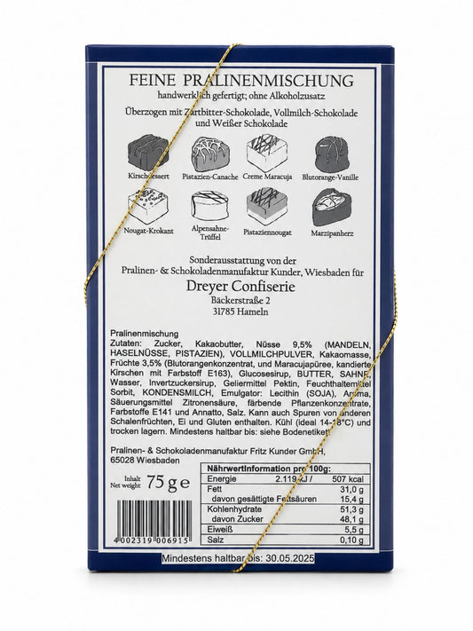 Rückseite Feine Pralinen alkoholfrei 75g von der Dreyer Confiserie