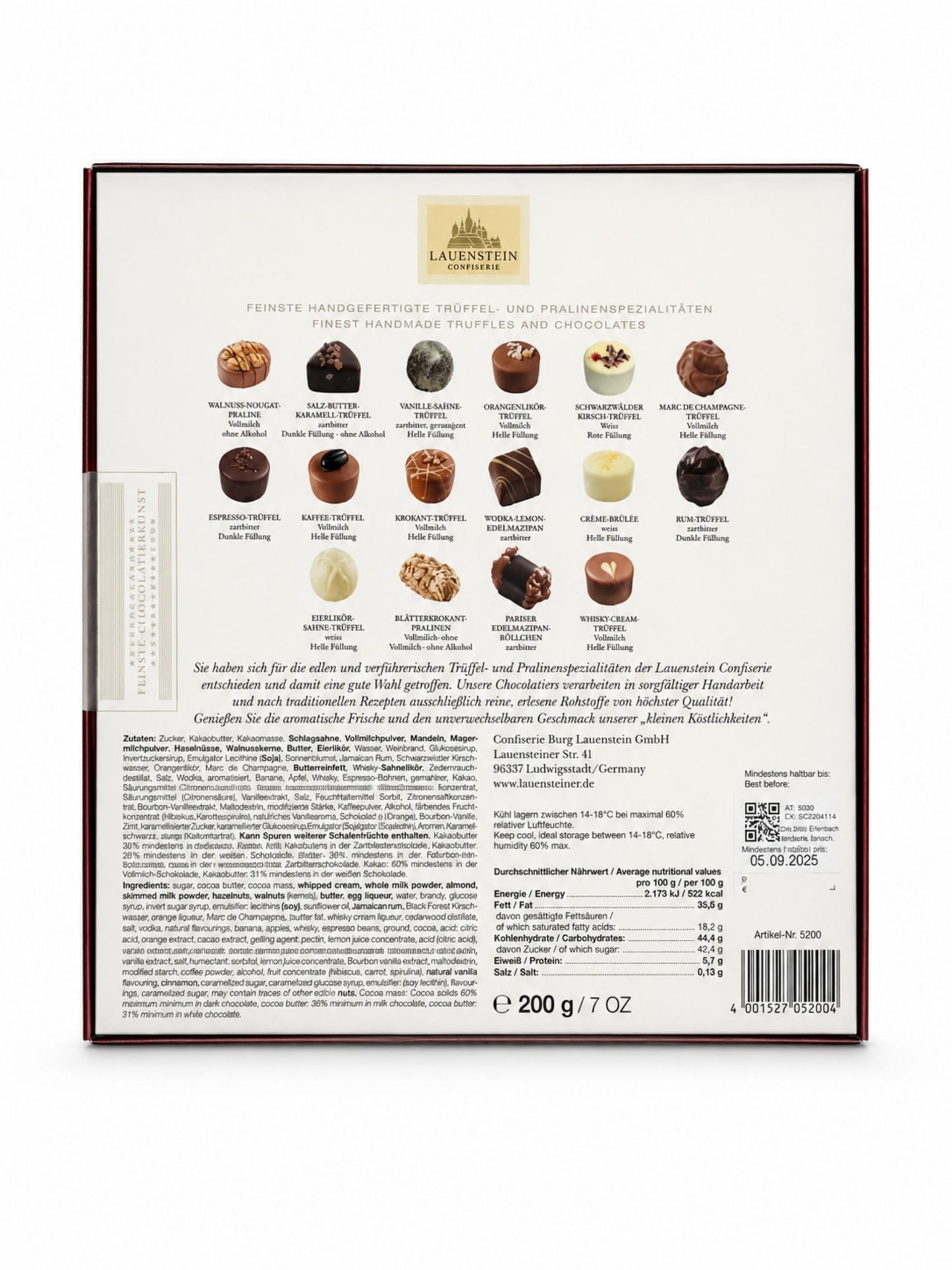 Rückseite Rattenfänger Trüffel- und Pralinen-Auslese mit Alkohol 200g von der Dreyer Confiserie