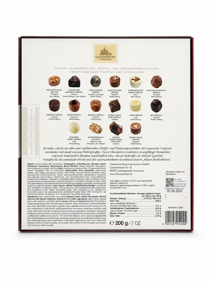 Rückseite Rattenfänger Trüffel- und Pralinen-Auslese mit Alkohol 200g von der Dreyer Confiserie