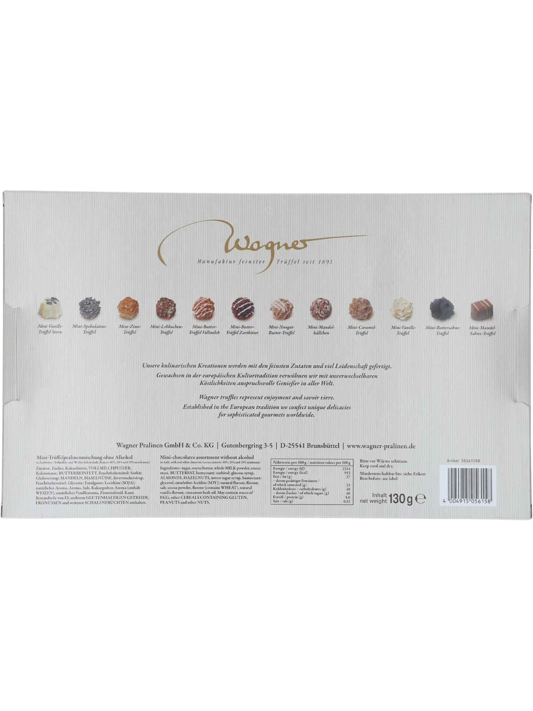 Rueckseite und Inhalt von Wagner Pralinen Adventskalender „Weihnachtsexpress“ 130 g.