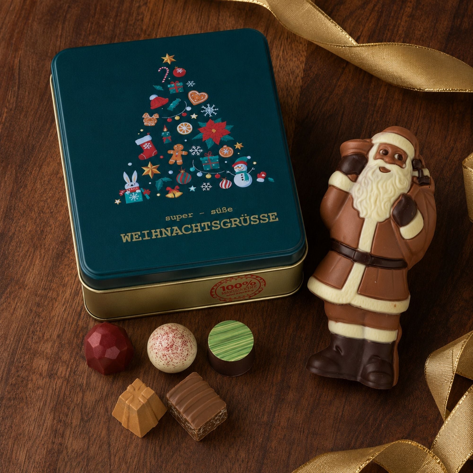 Schokoladen-Weihnachtsmänner und festliche Präsentdosen