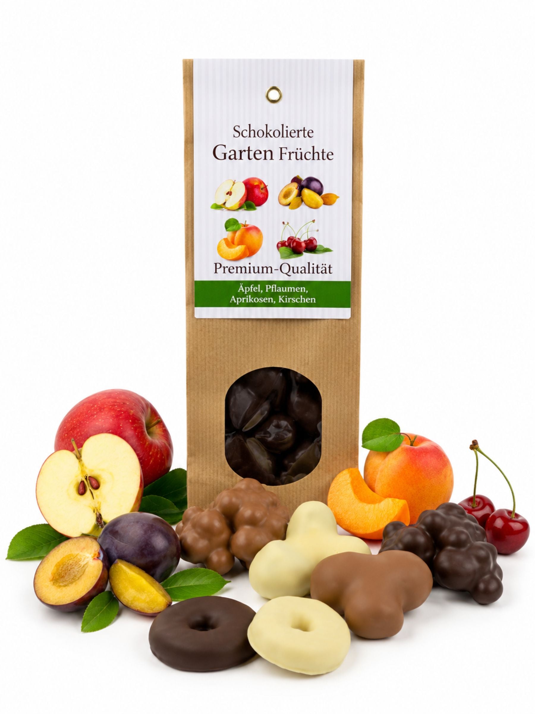 Schokolierte Garten Früchte von Fritz Kunder mit schokolierten Äpfeln, Pflaumen, Aprikosen und Kirschen vor der Verpackung