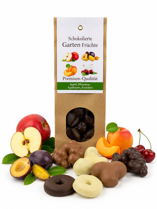 Schokolierte Garten Früchte von Fritz Kunder mit schokolierten Äpfeln, Pflaumen, Aprikosen und Kirschen vor der Verpackung