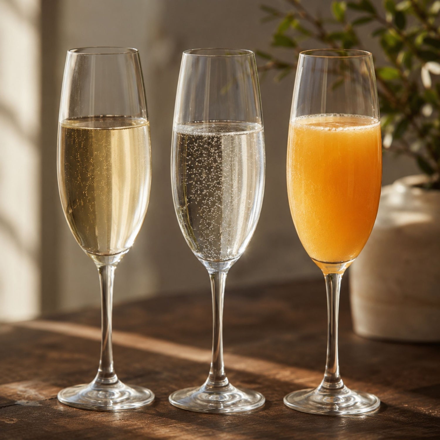 Secco, Prosecco und Bellini im Vergleich nebeneinander in drei Gläsern